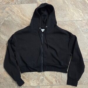 Faded Rose Essentials Womens Black Cropped Zip Up Hoodie Sweatshirt Large